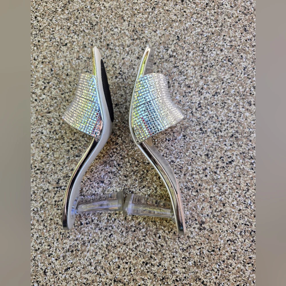 Zara Glamorous Sparkly Silver Heeled Sandals, Size 40 - Picture 6 of 14